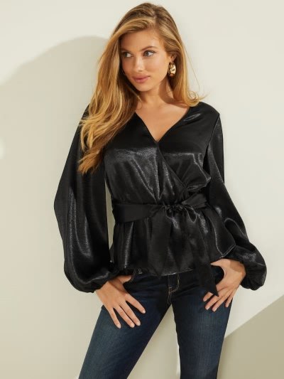 Női Guess Puff Sleeves Blúz Fekete | HU-553240