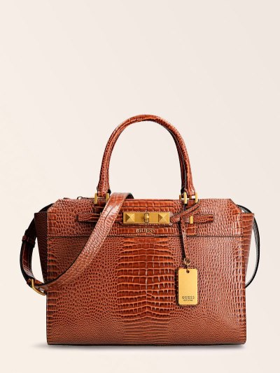 Női Guess Raffie Croc Print Kézitáska Barna | HU-084197
