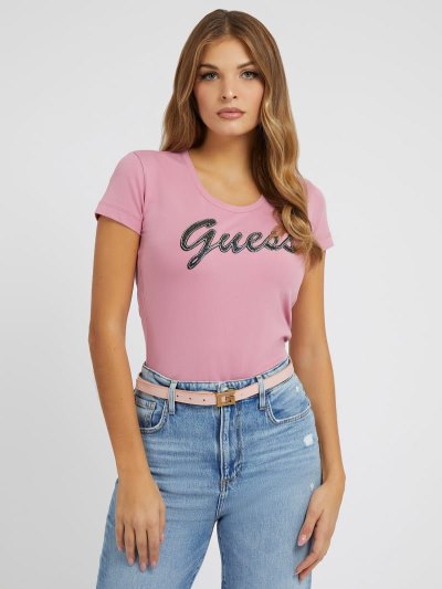 Női Guess Rhinestones Front Logo Póló Rózsaszín | HU-648637