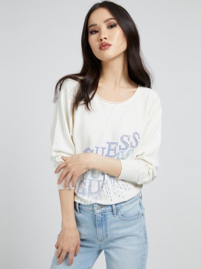 Női Guess Rhinestones Logo Pulóverek Fehér | HU-290723