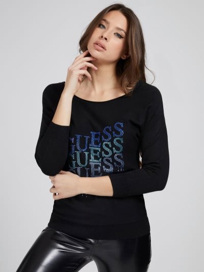 Női Guess Rhinestones Logo Pulóverek Fekete | HU-565501