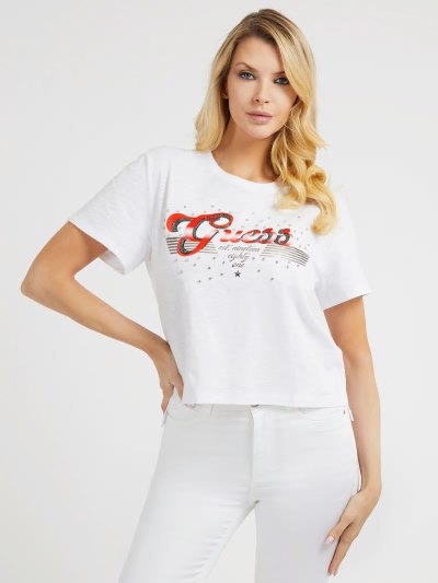Női Guess Rhinestones Logo Póló Fehér | HU-832529