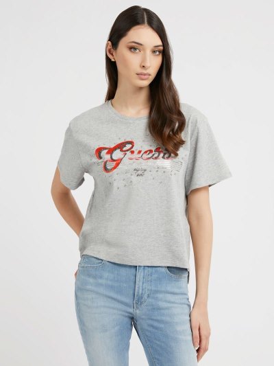 Női Guess Rhinestones Logo Póló Szürke | HU-275101