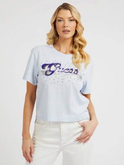 Női Guess Rhinestones Logo Póló Világos Kék | HU-269791