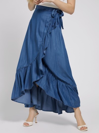Női Guess Rouches Long Denim Skirts Kék | HU-232905