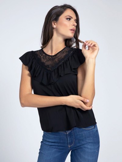 Női Guess Satin Ruffles Felsők Fekete | HU-159876