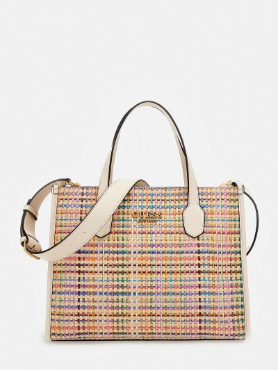 Női Guess Silvana Woven Kézitáska Fehér | LEVWROL8