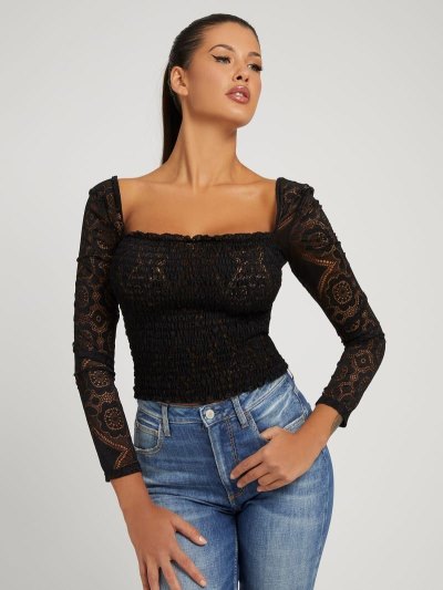 Női Guess Smock Stitch Csipke Felsők Fekete | HU-115407