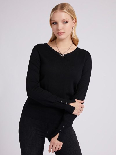 Női Guess V Neck Pulóverek Fekete | HU-545047