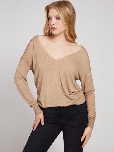 Női Guess V Neck Viscose Pulóverek Bézs | HU-526932