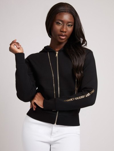 Női Guess Zip Rögzítő Hoodie Pulóverek Fekete | HU-052414