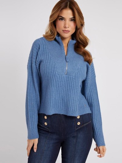 Női Guess Zipped Neck Pulóverek Világos Kék | HU-763703